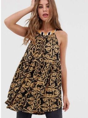 Free People Black and Tan Printed Halter Tank